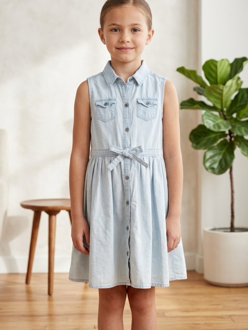 DKNY Girls Sleeveless Denim Dress with Tie Waist‎ - Size 7